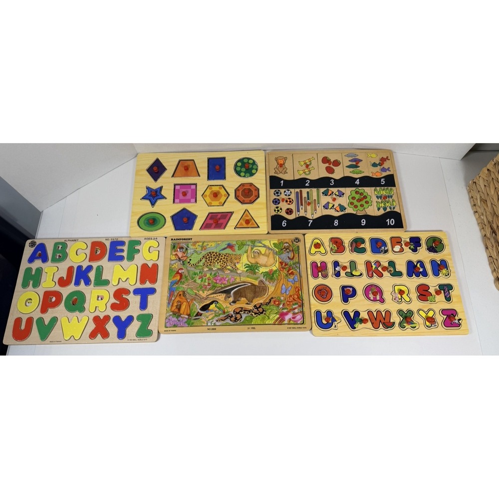 Lot of 5 Vintage 90's Childrens Wooden Learning Puzzles Small World Toys